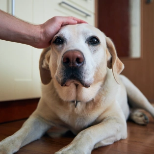 A person's hand petting a senior yellow Labrador lying on a wooden floor.