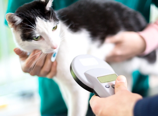 A black and white cat is being held by a person while another person scans the cat with a handheld microchip scanner. The background features blurred green and blue elements, suggesting a veterinary environment.